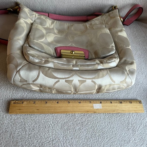 COACH Kristin Signature Large Hobo Tan Jacquard Pink Leather 2 Way Bag - Picture 9 of 11